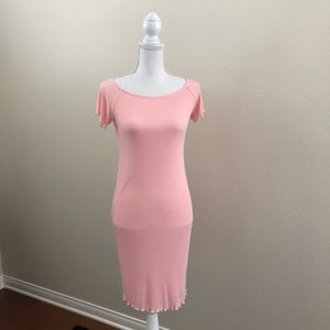 New! Maternity Pink Blush Fitted Ribbed Dress Midi Shortsleeve Stretchy
